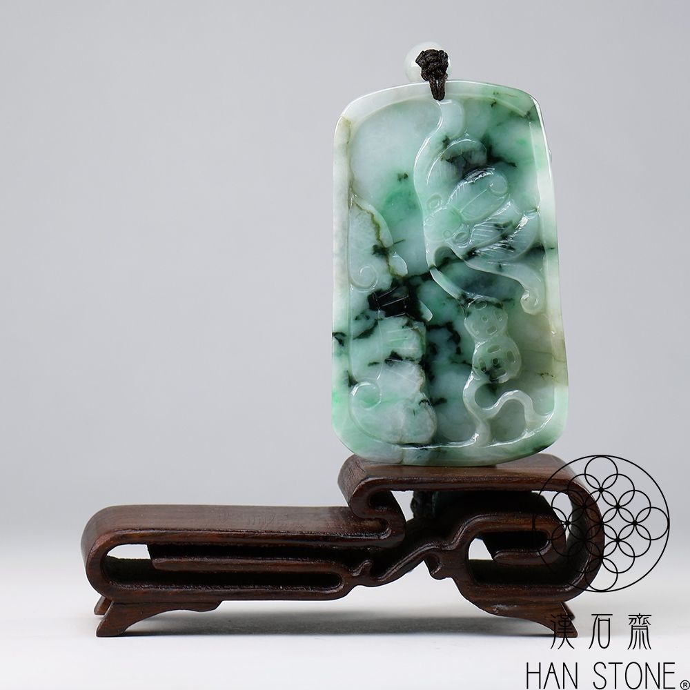 漢石齋】天然翡翠A貨仙鶴清蓮玉佩吊墜飄花種(37*61*7mm) | 漢石齋