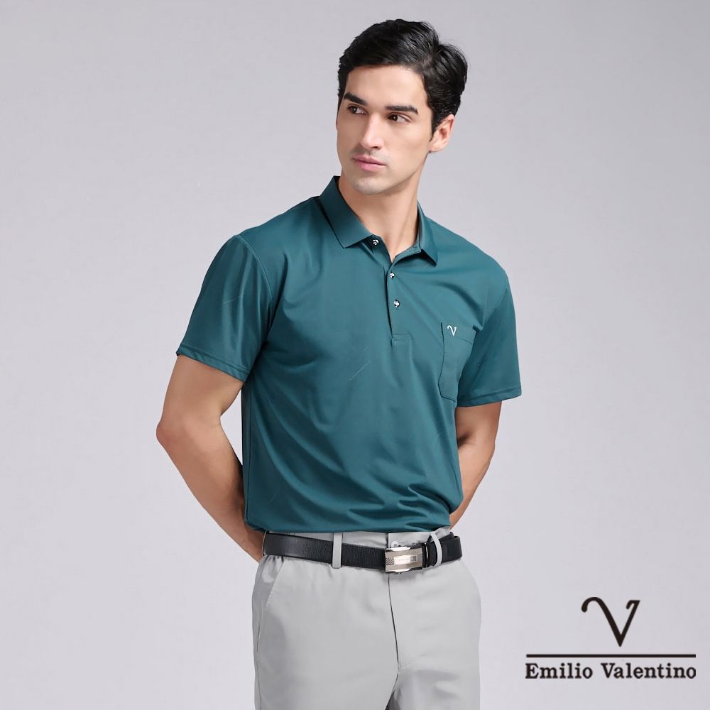 Emilio Valentino 范倫鐵諾 涼感素色短袖polo衫 男 短袖polo衫 休閒 口袋 男生上衣精梳棉 88 父親節送禮 七夕情節(多款選) (B款)