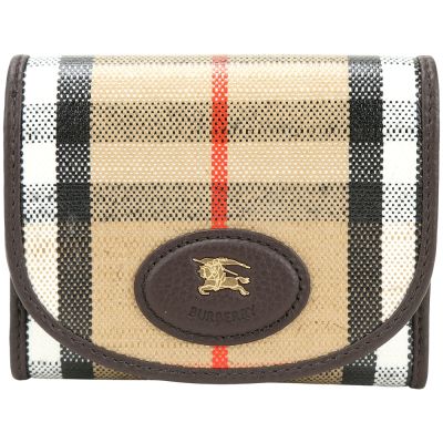 BURBERRY 巴寶莉 Highlands 棉麻混紡格紋帆布戰馬徽標小牛皮三折短夾(沙色)
