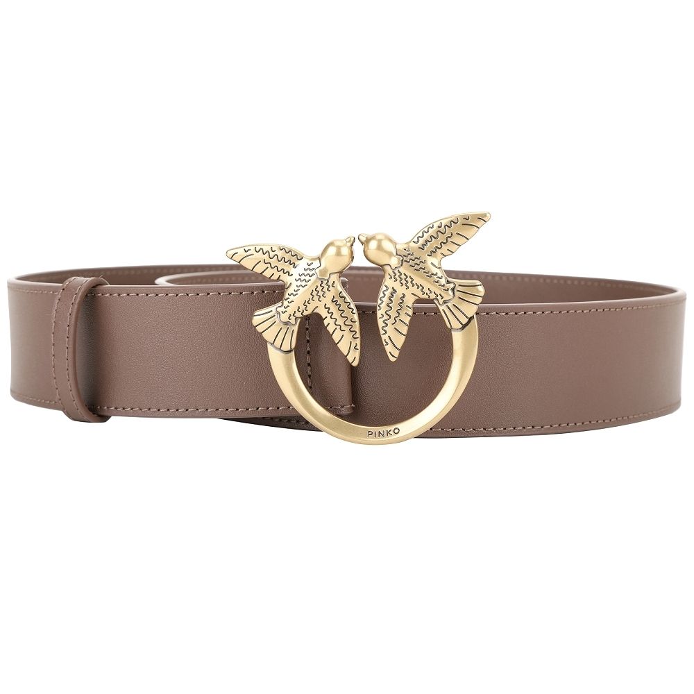 PINKO Love Birds 燕子銅釦環牛皮腰帶-多款可選 (40mm-咖啡灰)