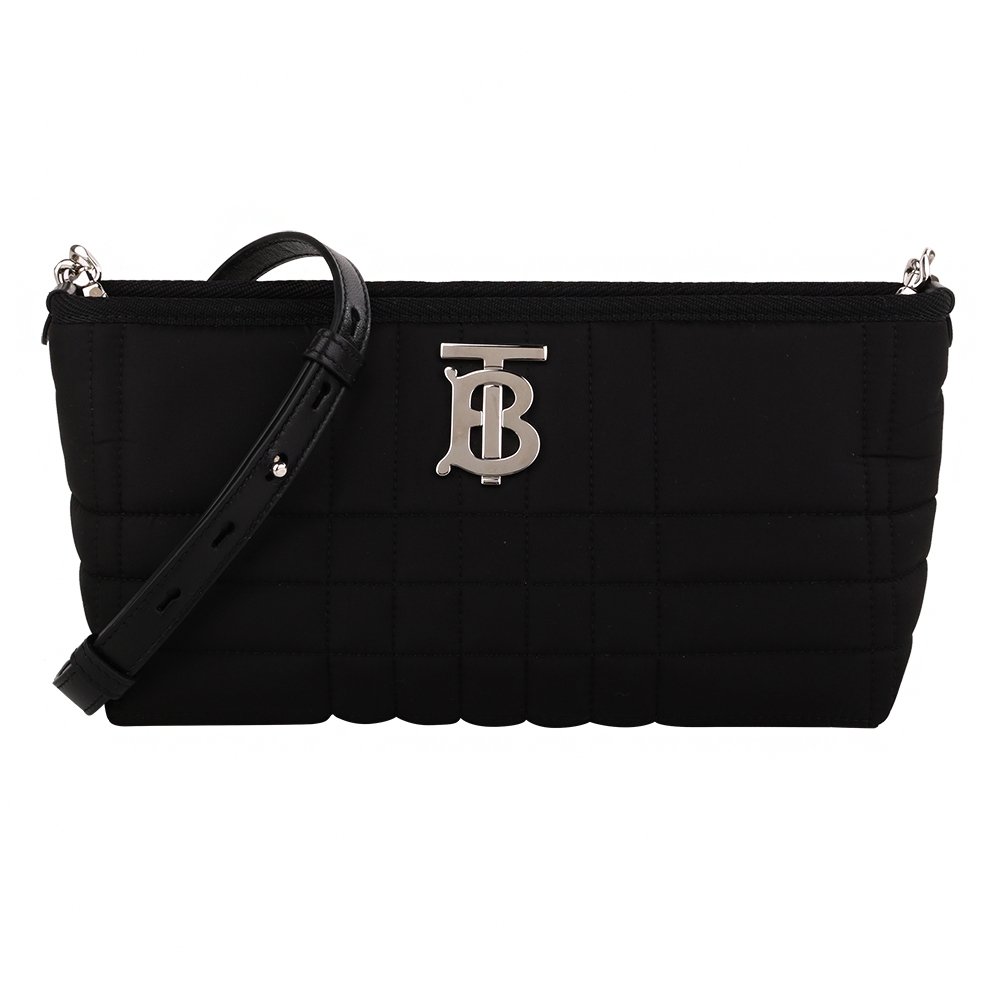 BURBERRY 巴寶莉   Lola系列 金屬標誌縫衍紋布面鍊帶斜背包(素面黑)