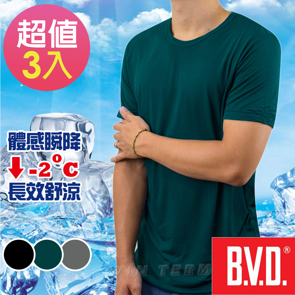 BVD 沁涼舒適酷涼圓領短袖衫-3件組 (土耳其藍)