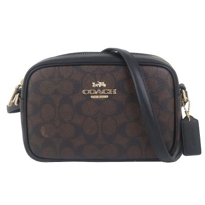 COACH 咖啡色防水布黑色皮邊拉鍊小型斜背包