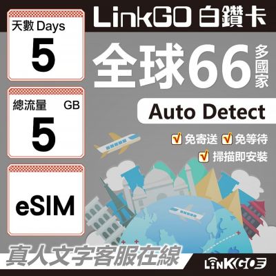 LINKGO白鑽卡 全球66國 eSIM卡 5天上網絡卡 總流量5GB(全球網絡卡 亞洲 歐洲 美洲 大洋洲 非洲)