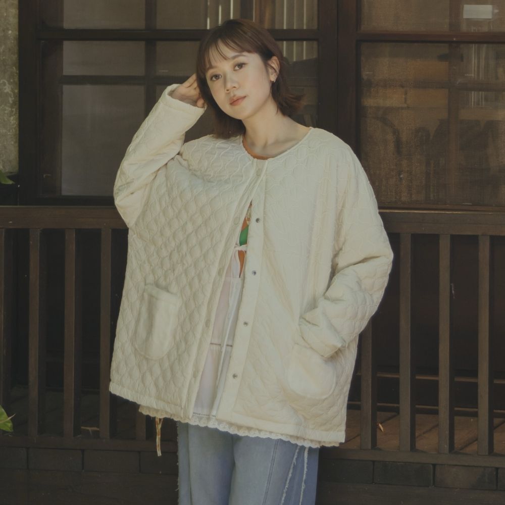 【MOSS CLUB】鎖鏈間棉布圓領壓棉厚外套 黑 米(魅力商品)