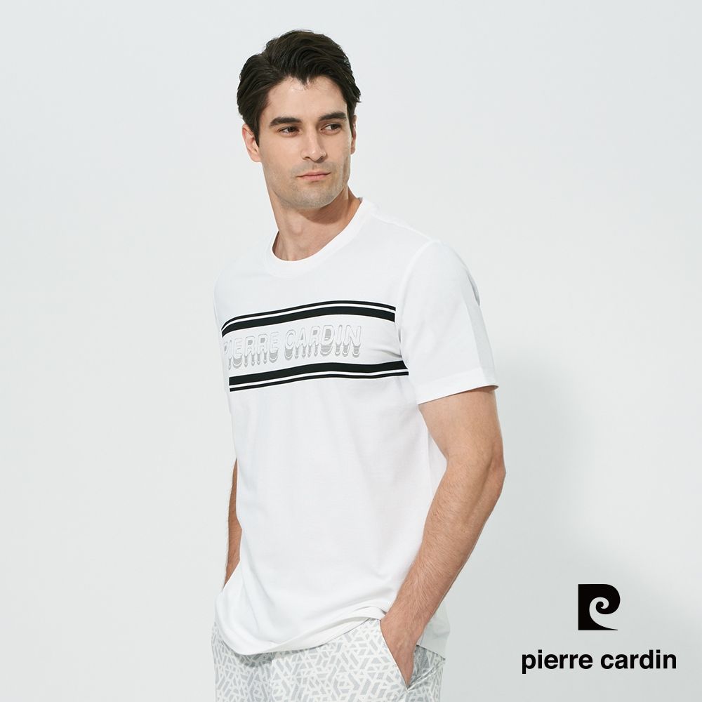 pierre cardin 皮爾卡登 男款 抗菌前胸印大LOGO短袖圓領上衣-白色(5257282-90)