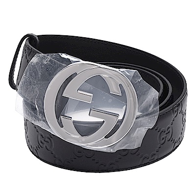 GUCCI 古馳 經典Guccissima GG壓紋銀釦牛皮腰帶/皮帶(黑)