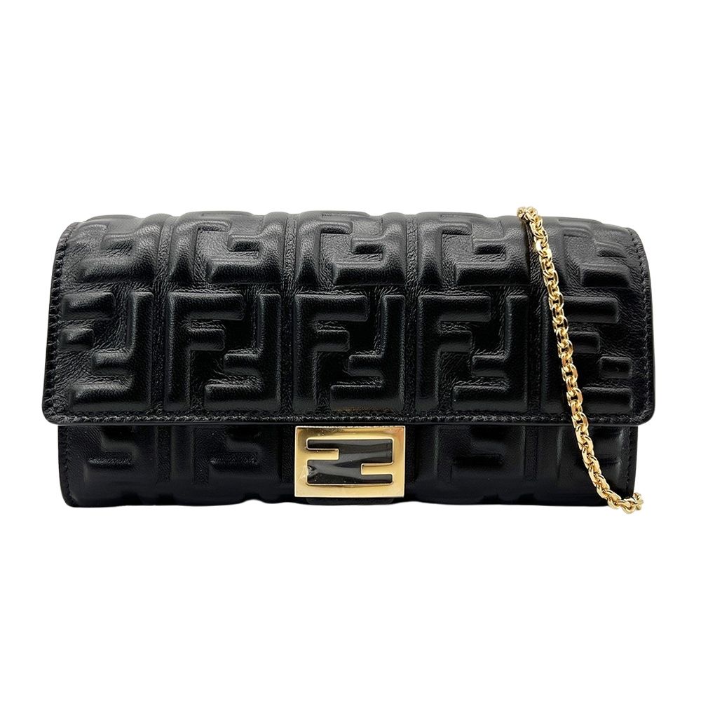 Fendi 芬迪 品牌 FF logo皮革壓紋金鍊皮夾斜背包(8M0365-黑)