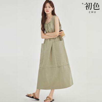 初色 簡約純色圓領寬鬆通勤休閒口袋無袖背心連衣裙連身洋裝長裙-共3色-12688(M-2XL可選)