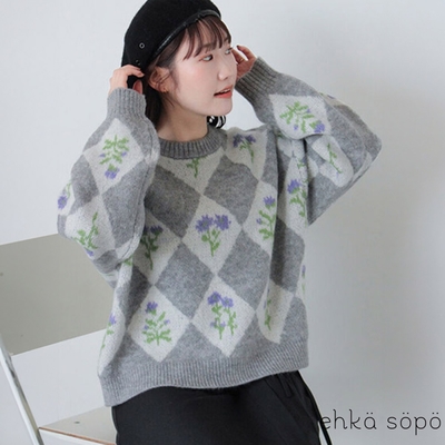【ehka sopo】甜美感菱格花卉圖案針織圓領上衣