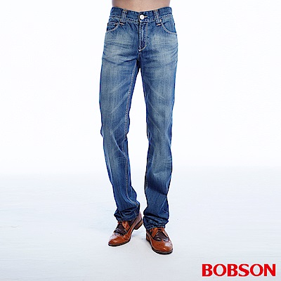 BOBSON 男款貓鬚刷白淺藍直筒褲