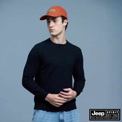 JEEP 男裝 品牌LOGO刺繡長袖線衫-黑色