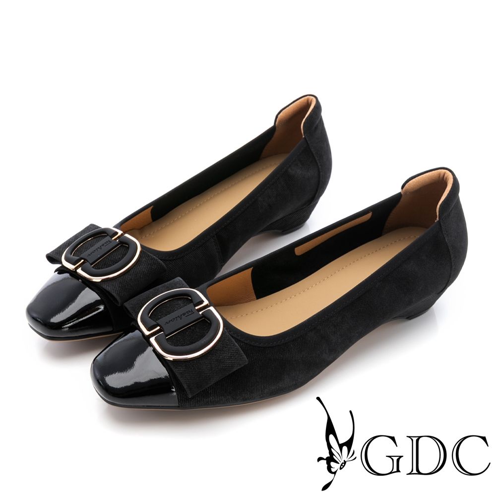 GDC-異材質拼接法式質感微方頭平底鞋-黑