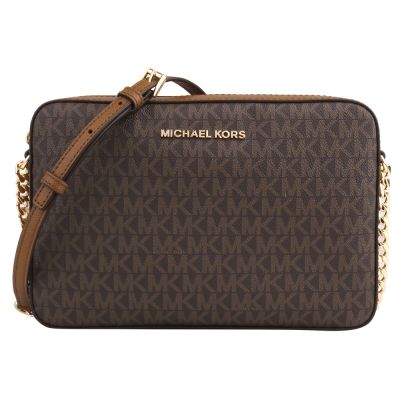 MICHAEL KORS 金字防刮LOGO皮革拉鍊斜背方包(深咖ｘ咖邊)
