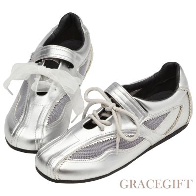 【Grace Gift】芭蕾少女方頭2WAY綁帶魔鬼氈運動鞋 銀