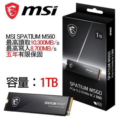 【MSI 微星】SPATIUM M560 1TB M.2 PCIe (Gen5/讀:10200M/寫:8400M/TLC/五年保)