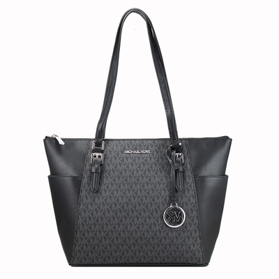 Michael Kors CHARLOTTE滿版LOGO雙側口袋側肩/托特包(黑灰)