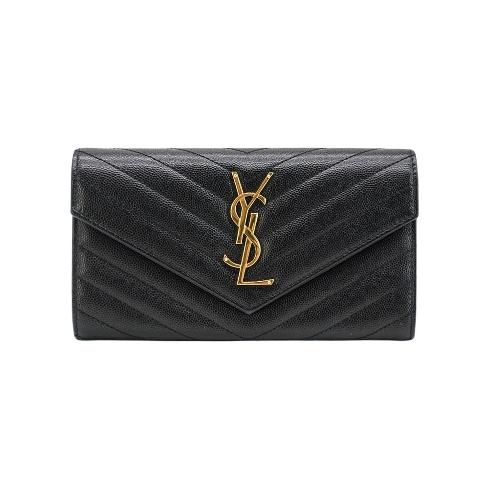 二手品 YSL Monogram V字縫線魚子醬牛皮金釦手拿信封長夾(372264-黑)