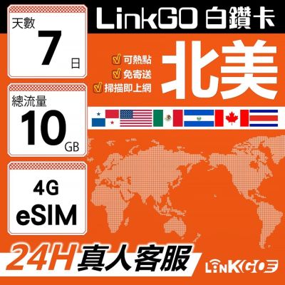LinkGO白鑽卡北美 eSIM卡 AT&T/Verizon 7天總流量10GB(北美網絡卡 美國 加拿大 墨西哥 巴拿馬)