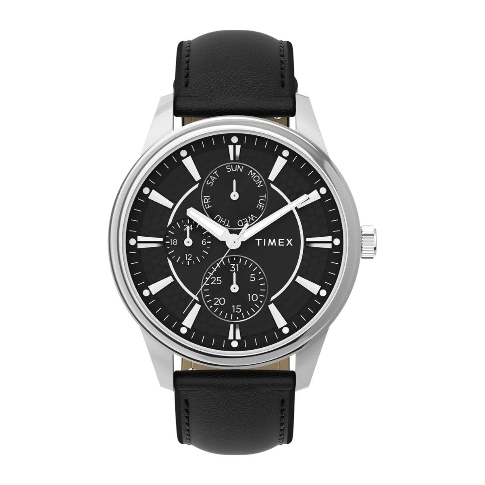 TIMEX 天美時 Chicago 45毫米 多功能小錶盤 皮革錶帶腕錶(黑 TXTW2Y21600)