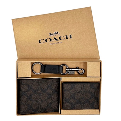 COACH 男款8卡短夾附鑰匙圈活動證件夾禮盒(C LOGO-深咖)