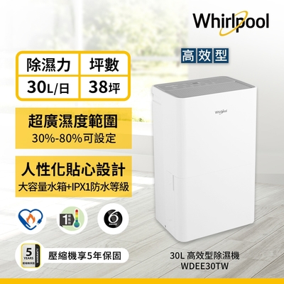 Whirlpool惠而浦 Whirlpool 惠而浦 一級能效30公升第六感智能節能除濕機WDEE30TW(貨物稅減免$1200)