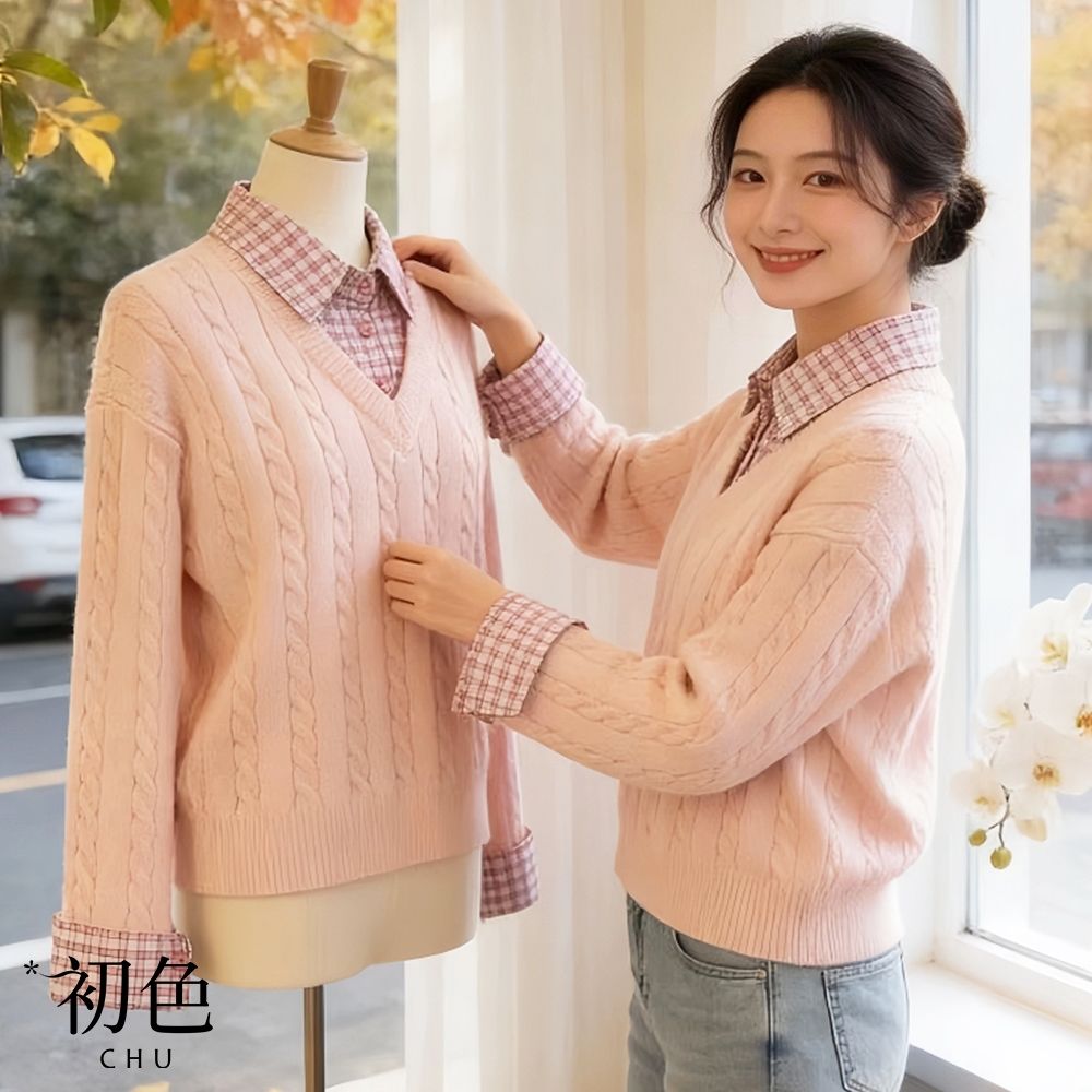 初色 韓系甜美撞色假兩件針織翻領拼接格紋長袖毛衣上衣女上衣-粉色-18454(F可選)