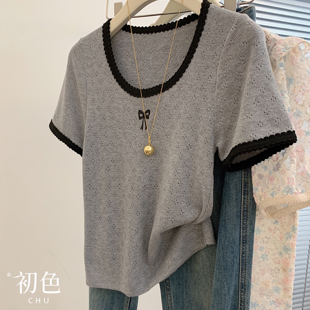 初色 簡約風撞色圓領低領口蝴蝶結短袖針織上衣女上衣-灰色-12846(F可選)