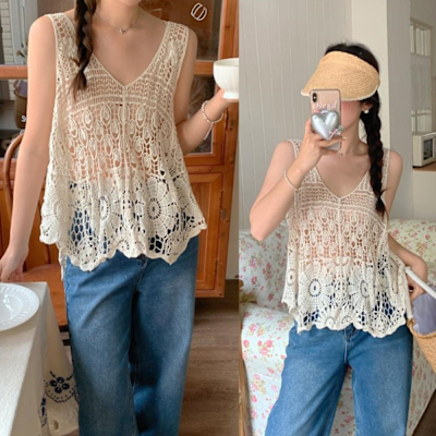 La Belleza大V領圈圈太陽花朵刻花布蕾絲鏤空洞洞手鉤針織背心