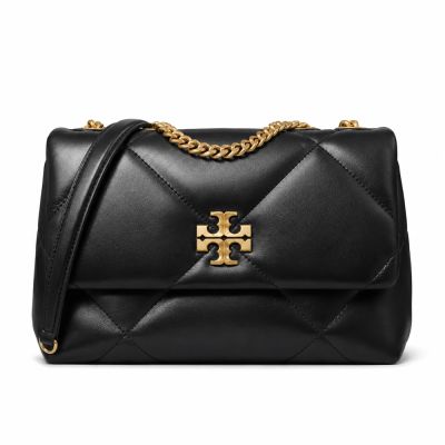 TORY BURCH KIRA 納帕皮革菱格絎縫翻蓋側背/肩背兩用包(小/黑)