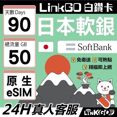 LinkGO 白鑽卡日本軟銀原生eSIM 90天總流量50GB 長效網卡 4G/5G 多天數 Softbank線路 可熱點