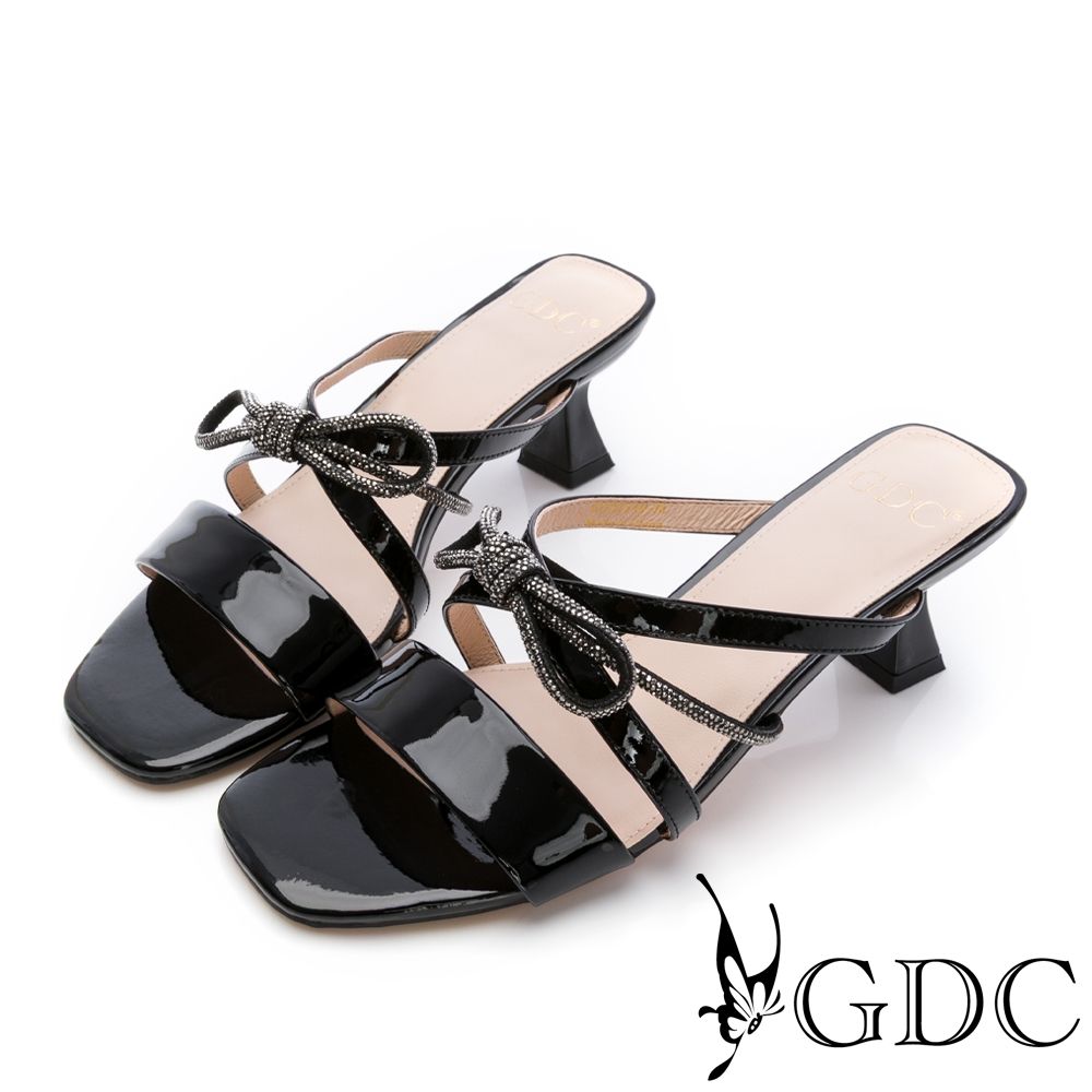 GDC-輕奢閃鑽蝴蝶結造型半拖跟鞋-黑