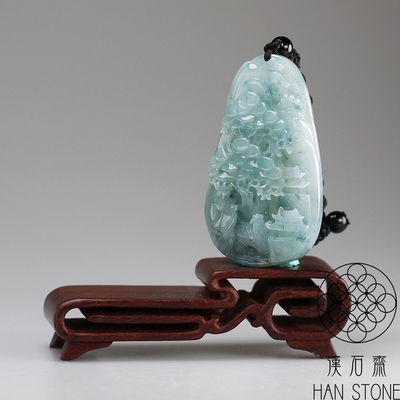 漢石齋】天然A貨藍水飄花種翡翠山水玉佩吊墜(34*57*10mm) | 漢石齋
