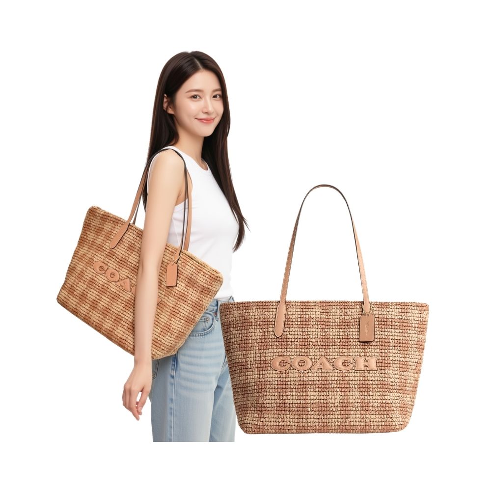 COACH卡其/淡紅棕色格紋印花草編肩背托特包