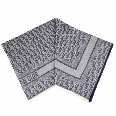 Dior Oblique 牛仔藍色喀什米爾羊毛混紡大方型披巾/圍巾