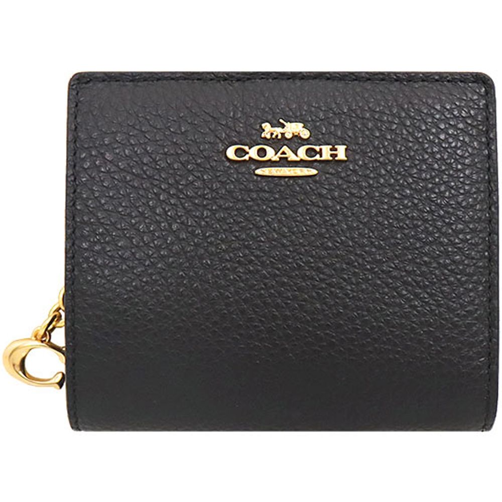 COACH Cx黑色皮革立體LOGO對折式零錢包短夾