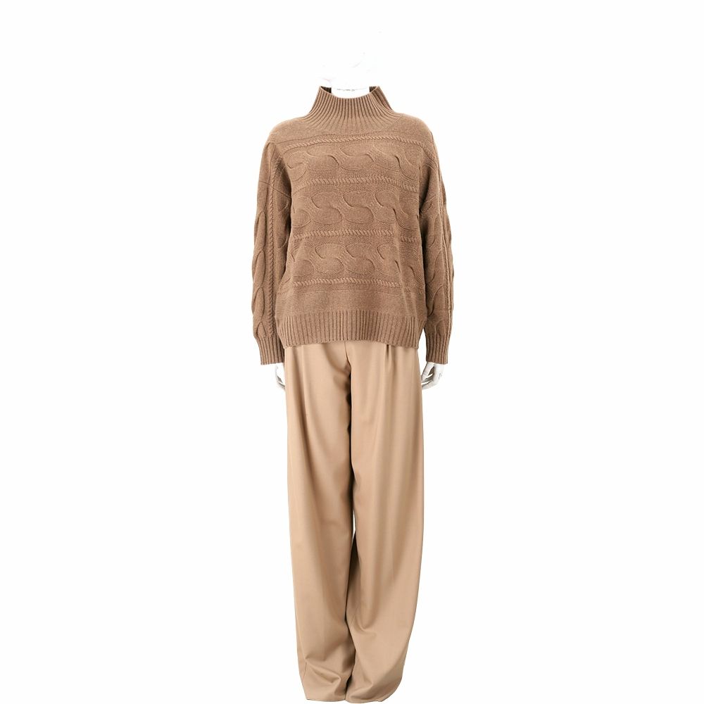 Max Mara STUDIO VODKA 橫向麻花紋棕色喀什米爾羊毛高領針織衫 毛衣