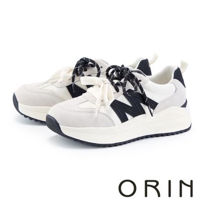 ORIN 復古撞色磨砂真皮綁帶厚底休閒鞋 米色