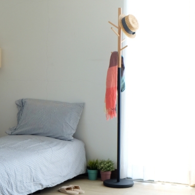 EASY HOME-六掛勾實木鐵管衣帽架(原木+黑色)-DIY-W28×D28×H176CM
