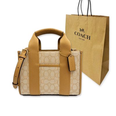 COACH 經典C LOGO緹花織布拚牛皮手提/斜背兩用琴譜方包附紙袋(膚)