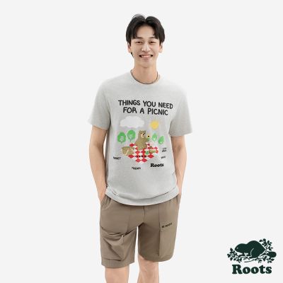Roots男裝-PICNIC AT THE PARK  短袖上衣-白麻灰