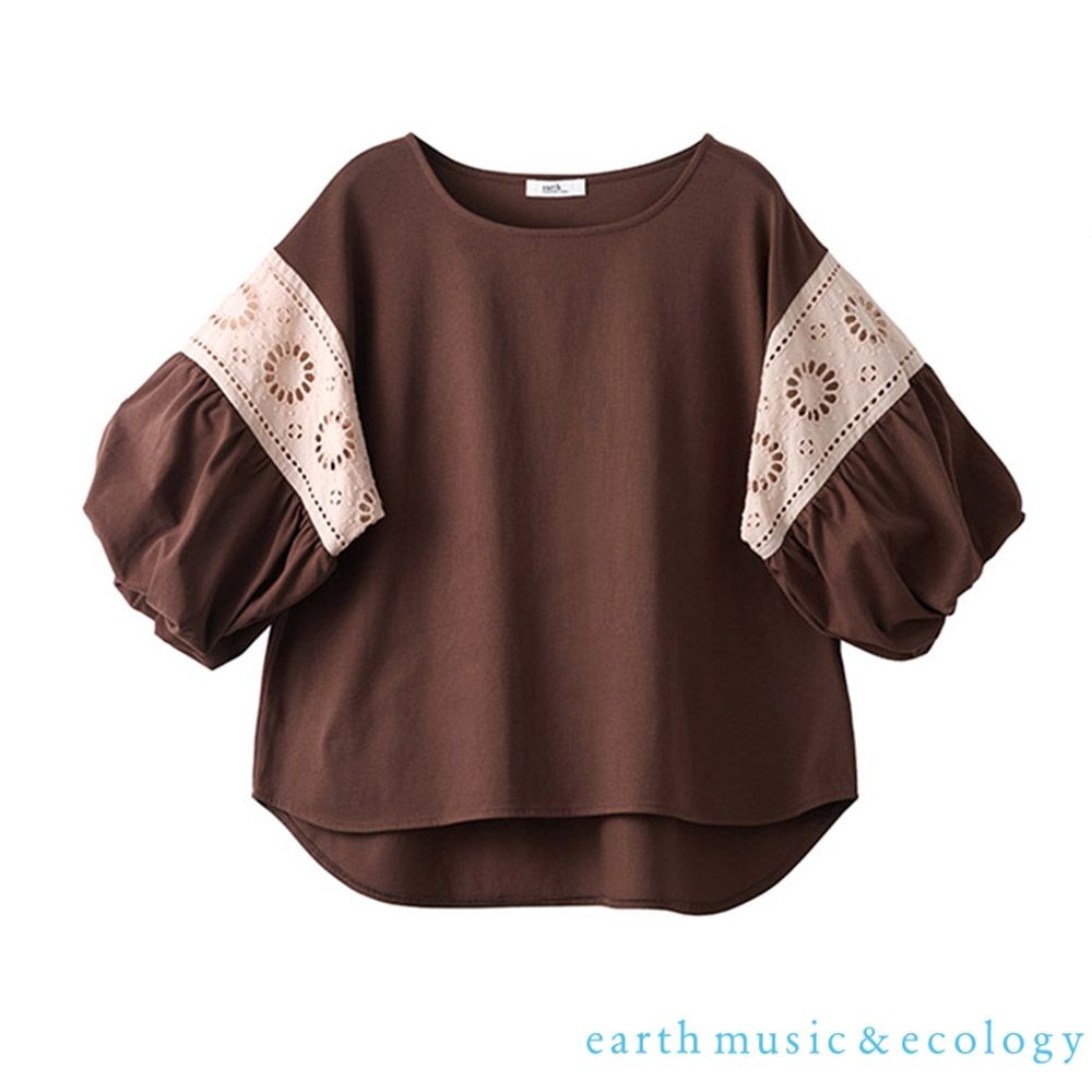 〔earth music〕鏤空異材質澎袖上衣