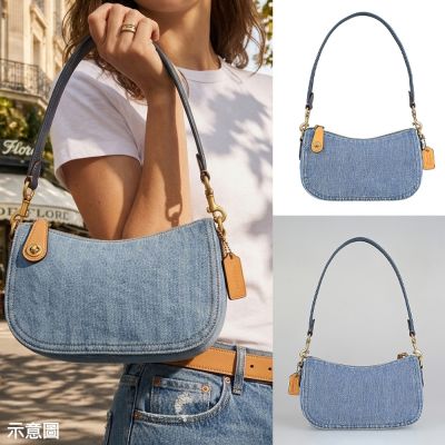 COACH 丹寧布拼牛皮Swinger 20系列拉鍊單肩包(丹寧藍x靛藍)