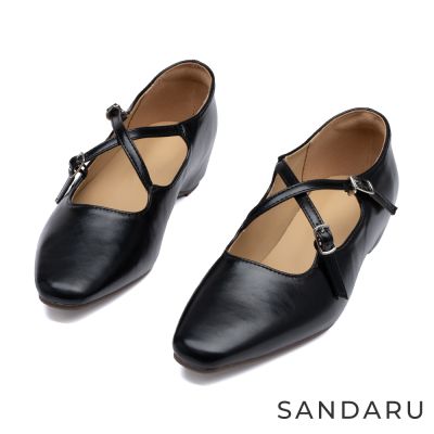 山打努SANDARU-瑪莉珍 復古交叉帶內增高瑪莉珍鞋-黑