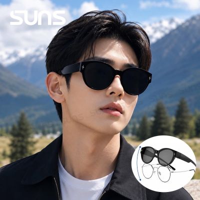 【SUNS】TR90包覆式圓框偏光墨鏡 可套鏡/可單戴 名媛星芒砂黑框 抗藍光+抗UV400 修飾臉型 防眩光