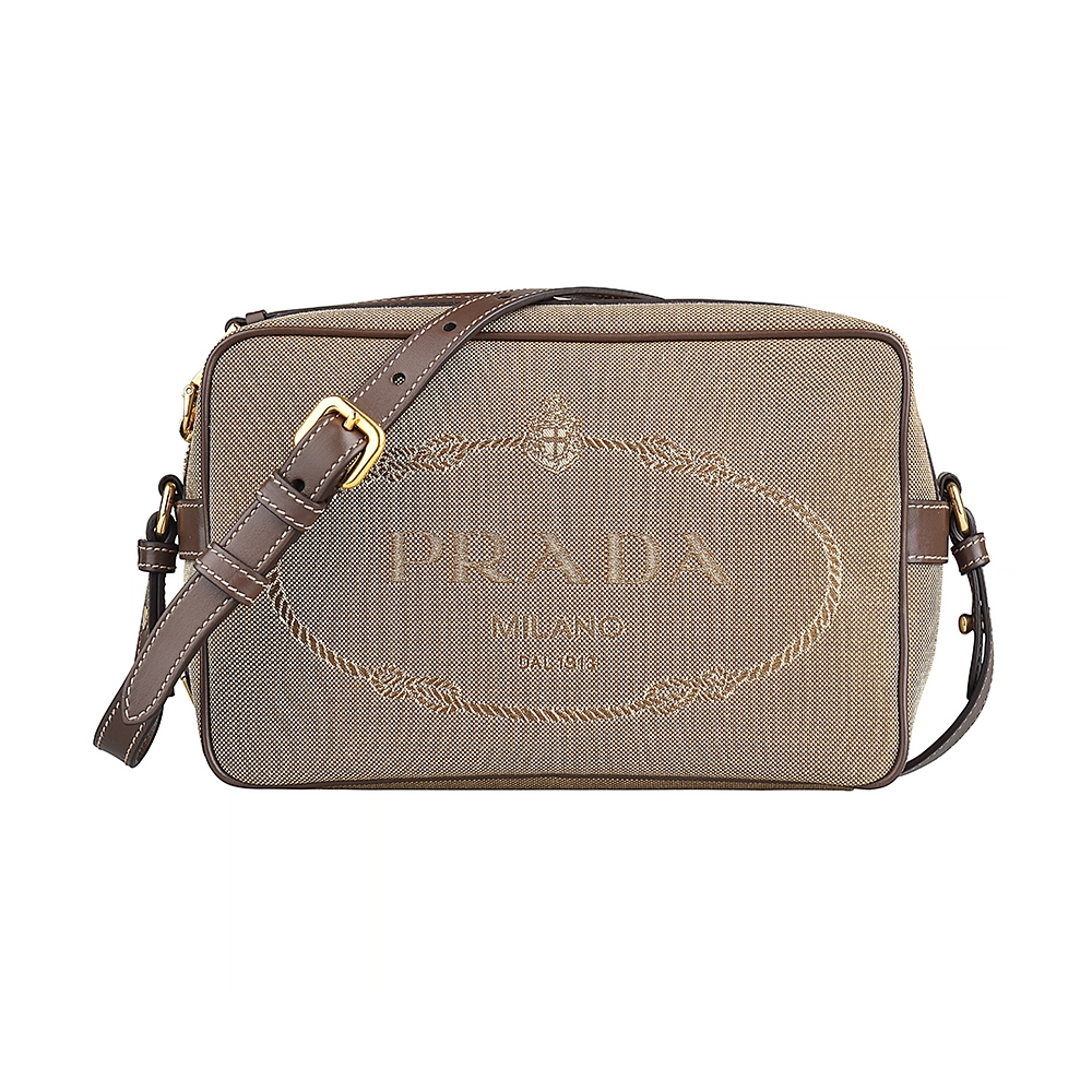 PRADA 普拉達 刺繡LOGO帆布搭配牛皮滾邊拉鍊斜背相機包(棕x深褐)