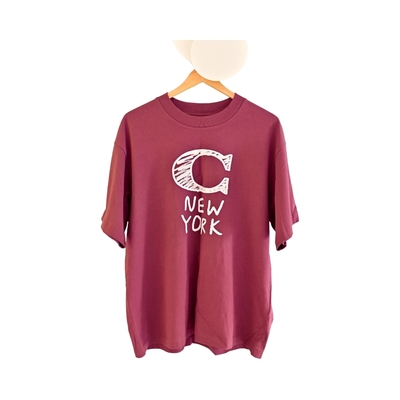 COACH梅洛葡萄色NEW YORK圖印純棉圓領短袖T恤 (男版XS/S/M)