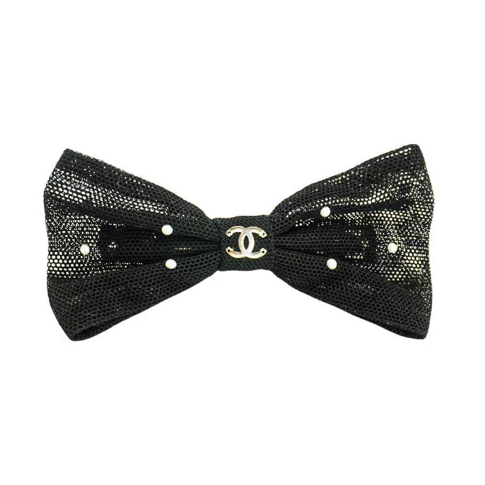 二手品 Chanel 香奈兒 雙C白點蝴蝶結髮夾(黑)