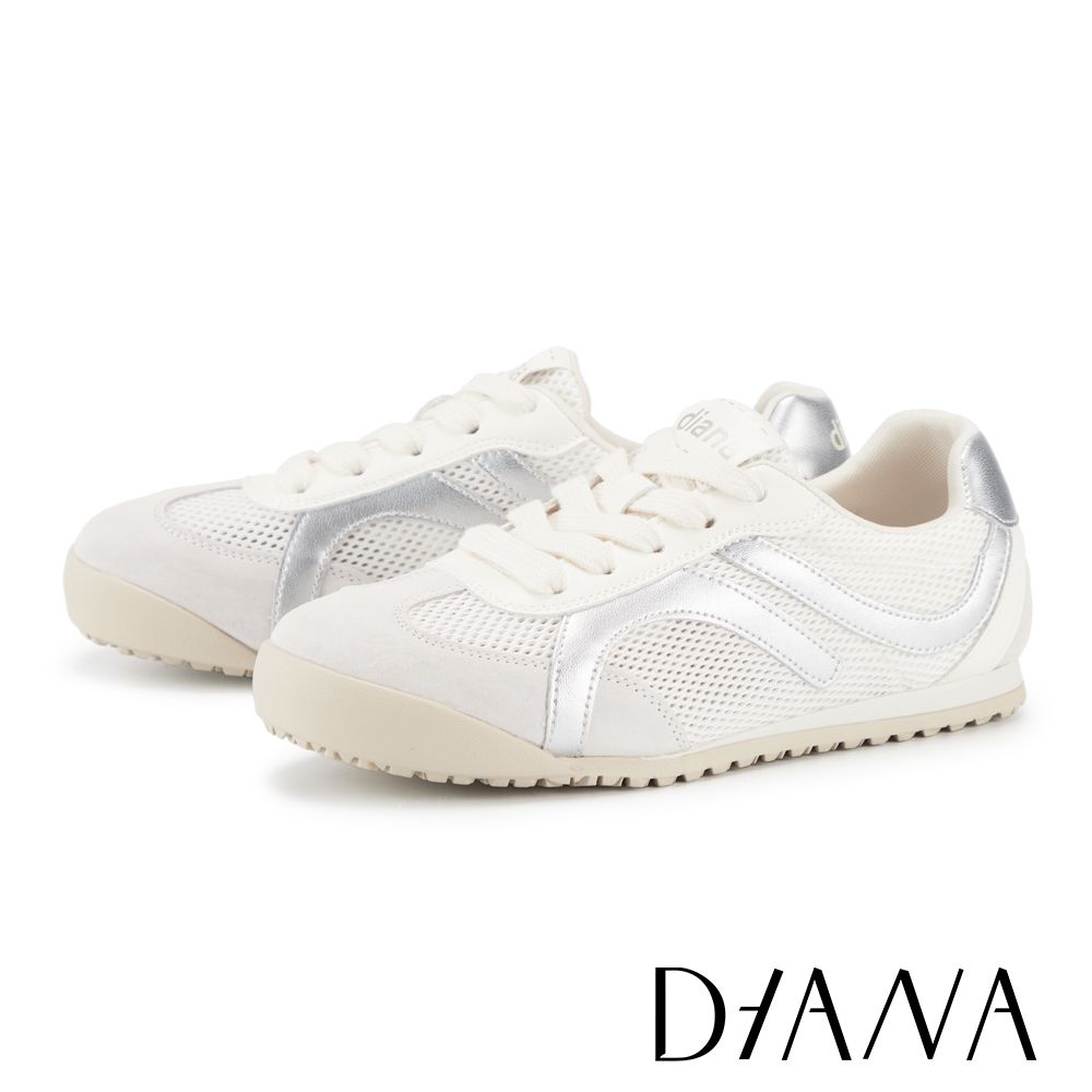 DIANA 舒適造型線條異材質綁帶休閒鞋 米白