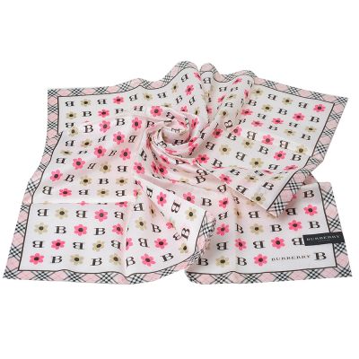 BURBERRY 經典斜格紋滾邊繽紛圖騰字母LOGO棉質大帕領巾(粉紅系/58CM)